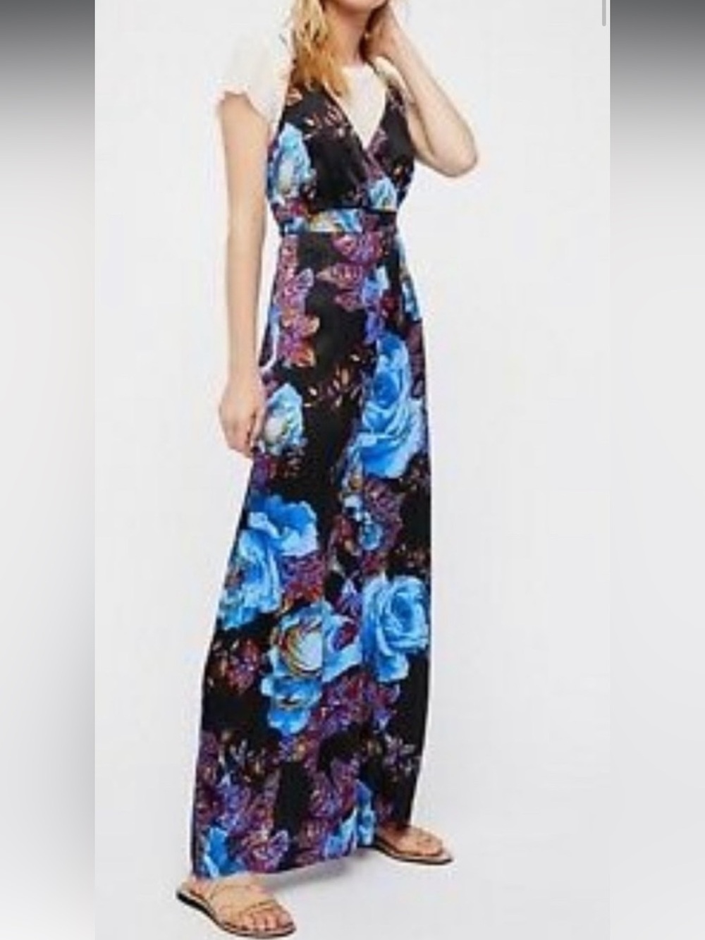 Free People Floral Wrap Maxi Jumpsuit - Black & Blue